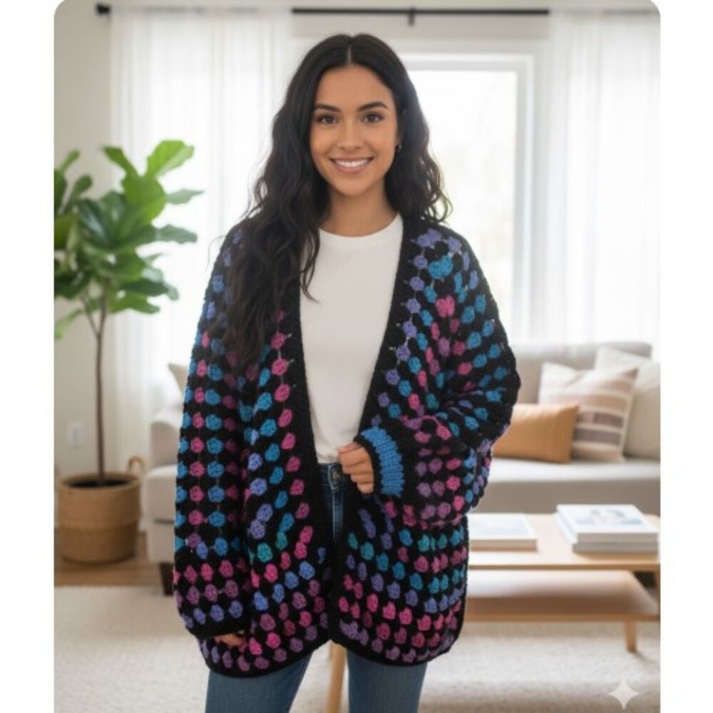 Hand Crochet Cardigan Sweater Jacket Boho Hippie Retro Balloon Sleeves Size L